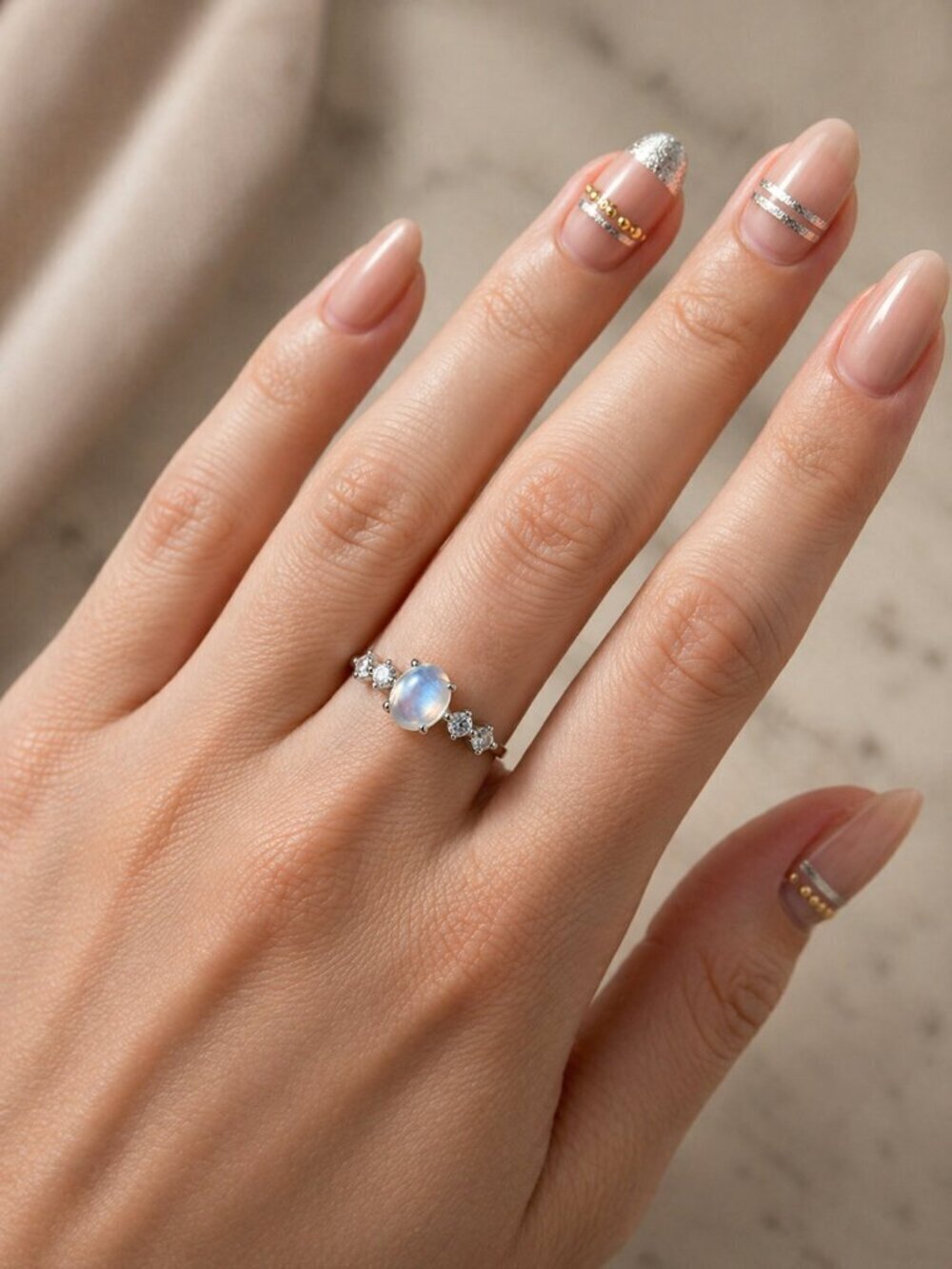 Celestial Dainty 925 Silver Genuine Moonstone CZ Minimalist Ring Size 7 - Picture 3 of 15